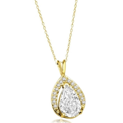 Amazingly designed Pendant with 3.50 Cts. Pear Cut Center and Melee, 4.0 Cts. T.W. in 14K Solid Gold.
Free Silver Chain Included.