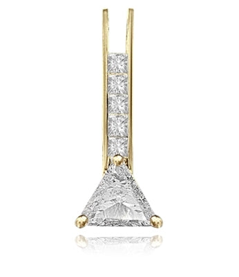 Diamond Essence princess cut melee set between two bars and two carat Trilliant cut Diamond Essence at the bottom makes a elegant pendant for daily wear. 3 cts.t.w. in 14K Solid Yellow Gold.