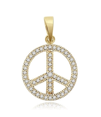 Peace Sign Pendant. Chanel set Round Brilliant Diamond Essence stones sparkling bright and spreading peace everywhere. set in 14K Solid Yellow Gold.