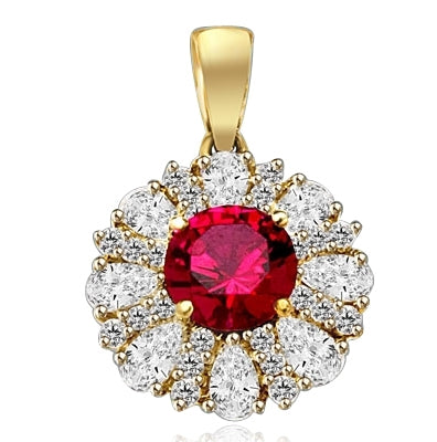 Diamond and Ruby Pendant - 2.0 cts. Round Ruby Essence in center surrounded by Pear Cut Diamond Essence and Melee. 5.5 Cts T.W. set in 14K solid Yellow Gold.