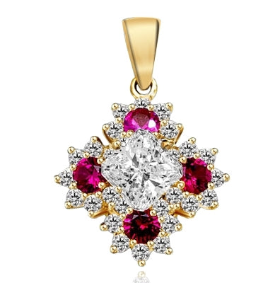 Designer Pendant with Asscher cut Diamond Essence in center surrounded by Floral designs created with Round Ruby Essence and Melee. 6.0 Cts. T.W. set in 14K Solid Yellow Gold.