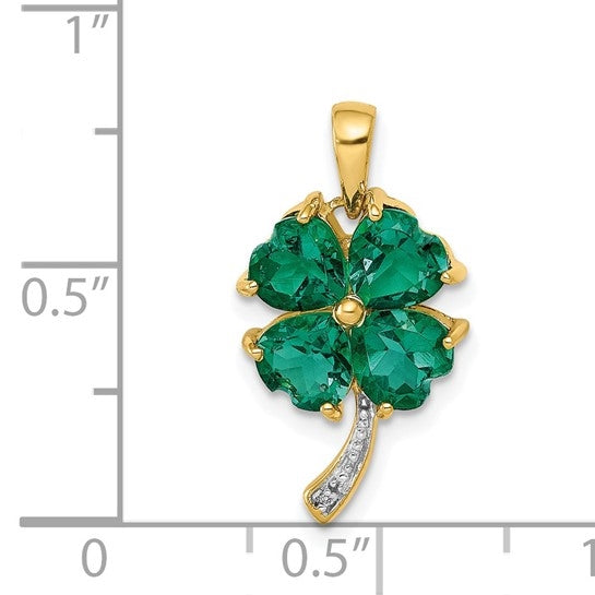 Prong Set Leaf Clover Pendant with Lab Created Emerald Heart and Diamonds Set iN 14K Solid Gold