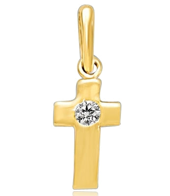 Children's Cross Pendant with a Round Brilliant Diamond Essence Melee set in 14k Solid Yellow Gold. 0.05 Ct. T.W.