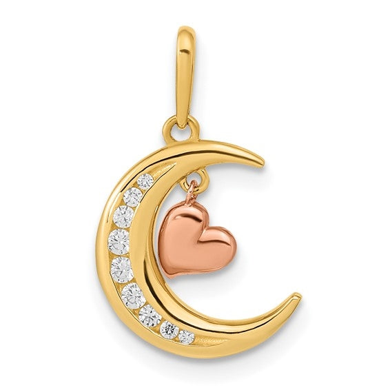 Tension Set Diamond Essence Round Melee in 14K Two Tone Heart and Moon Pendant