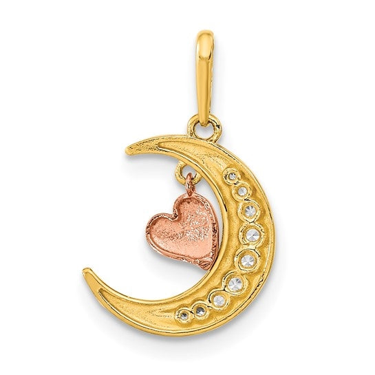 Tension Set Diamond Essence Round Melee in 14K Two Tone Heart and Moon Pendant