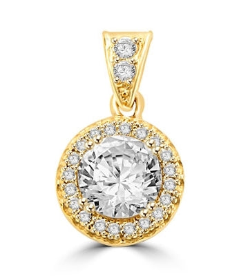 Pendant with Round Brilliant Diamond Essence in Center, surrounded by Melee 1.25 Cts T.W. set in 14K Solid Yellow Gold.