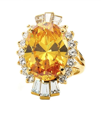Diamond Essence Designer ring in 14K Solid Yellow Gold with 10 cts. Oval Canary center. Round Essence and Baguettes on either side, set in prong settings, makes it a classic cocktail ring. 13.0 cts.T.W.