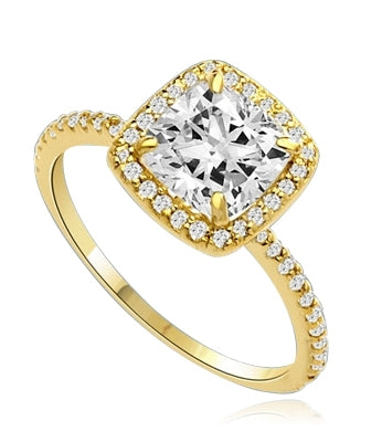 Beautiful Cushion Centerpiece, 1.5 cts, is surrounded by Round Brilliant Melee in this elegant engagement ring. The band consists of round pointer melee to form a brilliant radiance. Appx. 2.5 Ct. T.W. In 14k Solid Yellow Gold.