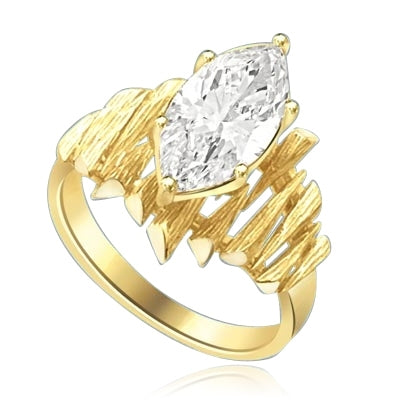 Bamboo ring. An unusually beautiful ring with spikes of 14k solid gold surrounding a dazzling 3.0 carat marquise cut Diamond Essence.