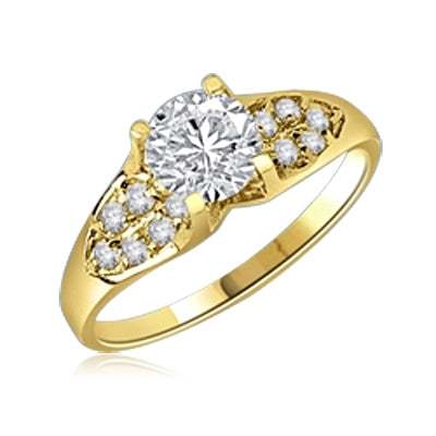 Diamond Essence Designer Ring with 1.0 Ct. Round Brilliant Stone in center accompanied by glittering Melee on sides, 1.50 Cts.T.W. set in 14K Solid Yellow Gold.