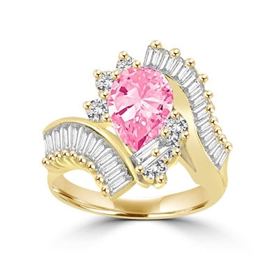 Ring pink pear cut stone,melees,curved shank,baguettes