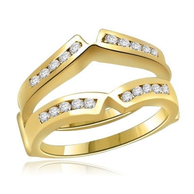 Classic Ring Guard in 14K Solid Gold. 0.9 carat Diamond Essence round melee set in channel setting. Suitable for 1 carat or 2 carat solitaire ring.