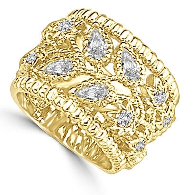 Ring pear cut and round cut stone set in cut work fashion