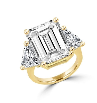 Designer Ring with 13.0 cts. Diamond Essence in center and triangle stones on each side. 21.0 Cts. T.W. set in 14K Solid Yellow Gold.