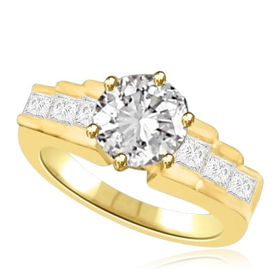 Fashion Queen Ring 2.7 cts. with 2.0 cts. Round Center and Channel set round pieces tripping down each side in stairway effect in 14K Yellow Gold