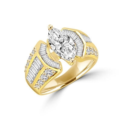 Ring 2 ct marquise cut center, baguettes and melee on sides