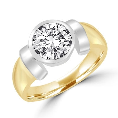 Solitaire Ring with 2ct. Round Brilliant Diamond Essence, bezel set in 14k Solid Yellow Gold.