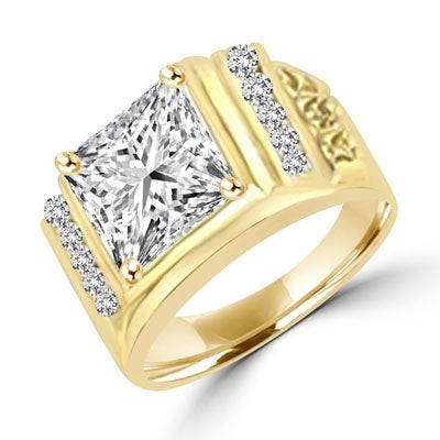 14K Solid Yellow Gold mans ring with a massive 6.0 ct. Radiant Square cut Diamond Joy Masterpiece surrounded by a loyal group of flawless, diamond-bright Round cut team players. 6.5 cts. t.w. Projects the perfect aura for your dynamic man.