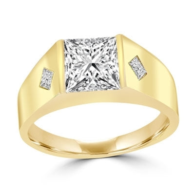 14K Solid Yellow Gold mans wide ring with a hefty channel-set 1.25 ct. Square cut masterpiece and twin satellites inlayed below in the wide gold band. 1.35 cts. t.w.