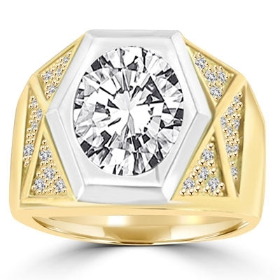 Youre the front-runner wearing this 14K Solid Gold mens ring that positions a 4.0 cts. oval stone in a unique hexagonal setting. 4.60 cts. t.w.