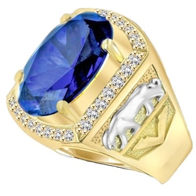 For the king of the jungle, this authoritative mens ring has a deep-blue oval Diamond Essence topaz, 5.45 cts., in the center, flanked by Diamond Essence melee in 14K Solid Yellow Gold, with tigers imprinted in White Gold on either side. 8.45 cts. t.w.