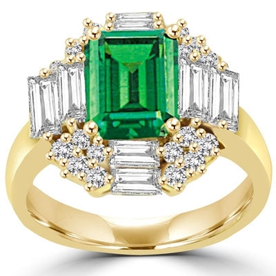 Ring emerald cut emerald stone, baguettes on 4 sides