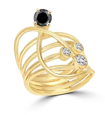 Diamond essence Designer Ring with Bezel set Onyx and Round Brilliant stones, 1.0 cts. T.W. set in 14K Solid Yellow Gold.