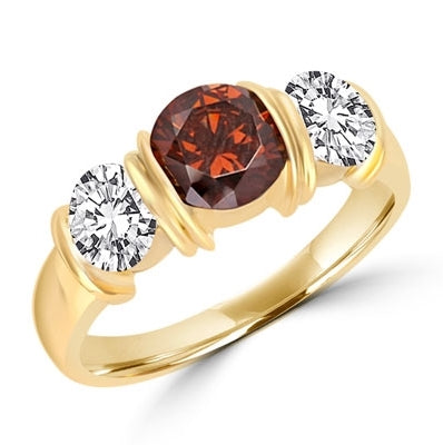 Diamond Essence designer ring with 1.0 ct. Chocolate Essence center and 0.5 ct. Round Brilliant stones on each side, 2.0 cts. T.W. set in 14K Solid Yellow Gold.