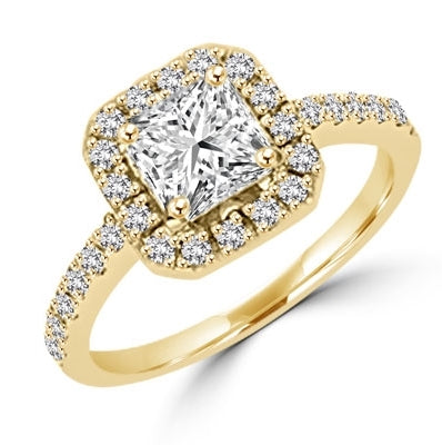 Diamond Essence Designer Ring with 1.25 ct. Asscher cut center stone surrounded by round stones. 1.75 cts. T.W. set in 14K Solid Yellow Gold.