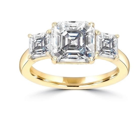 Three Stone Ring - 2.0 Carat Asscher Cut Diamond Essence Stone in the center and 0.5 carat Asscher Cut Diamond Essence stones on each side.3.0 cts. t.w.