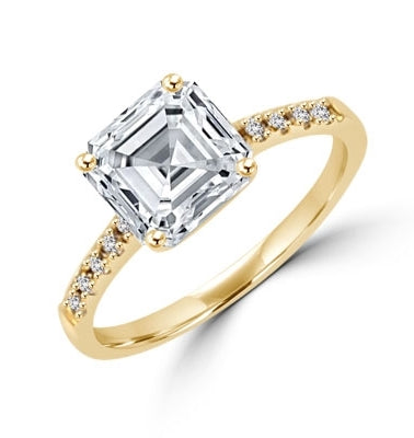 Diamond Essence Designer ring with 2.0 ct. Asscher cut Diamond Essence center with round stones on band, 2.10 Ct. T.W. set in 14K Solid Yellow Gold.