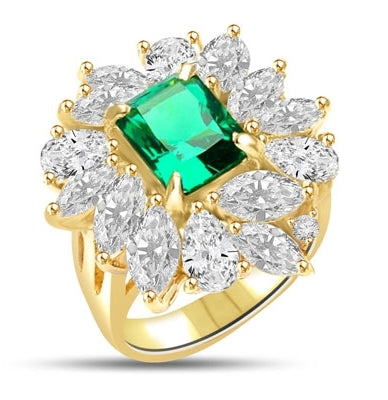 Diamond Essence classic cocktail ring. 2.5 Ct. Radient Emerald cut Emerald Essence surrounded by marquise cut and pear cut Diamond Essence in floral setting. 11.0 cts.t.w set in 14K Solid Yellow Gold.