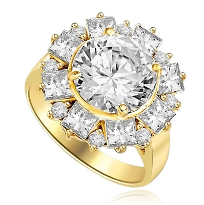 Diamond Essence Designer Ring With Round Brilliant Diamond Essence in center surrounded by alternately set Princess and melee. 7.25 Cts. T.W. set in 14K Solid Yellow Gold.