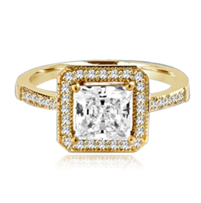 Princess cut Diamond Essence centerpiece,surrounded by Round Brilliant Melee in this pretty Engagement Ring. 2.0 Cts. T.W. set in 14K solid Yellow Gold.