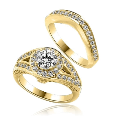 Wedding Set - 1.0 Ct. Round Brilliant Diamond Essence in center with Melee set in intervening design on either side and Wedding band with delicately set Melee. 2.35 Cts. T.W. in 14K Solid Yellow Gold.