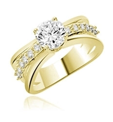Prong Set Designer Ring with Artificial Round Brilliant Stone and Melee Diamods By Diamond Essence Set in 14K Solid Yellow Gold