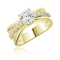 Prong Set Designer Ring with Artificial Round Brilliant Stone and Melee Diamods By Diamond Essence Set in 14K Solid Yellow Gold