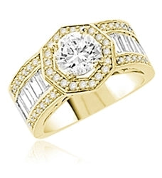 Diamond Essence Designer Ring with 1.50 Cts. Round Brilliant Center, Accompanied By Baguettes and Melee on side, 4 Cts.T.W. In 14K Solid Yellow Gold.