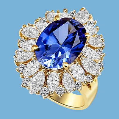 Medley Magic - Artistically set mixture of Marquise cut, Pear cut and Round cut Diamond Essences around 6.0 Cts. Oval cut Sapphire Essence in center. Perfect for Party. 10.0 Cts T.W. set in 14K Solid Yellow Gold.