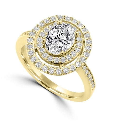 Diamond Essence Designer Ring With 1 Ct. Oval Center in Four Prongs, Surrounded By Two Rows Of Melee, 1.50 Cts. T.w. In 14K Solid Yellow Gold.