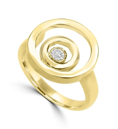 Diamond Essence Ring with 0.20 Ct. Round Brilliant Stone In Bezel Setting, With Three Circle Design, in 14K Solid Yellow Gold.