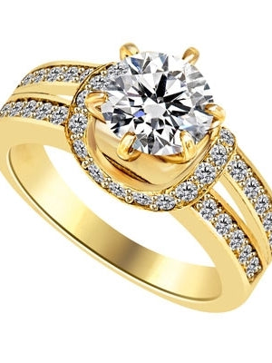 Engagement Ring- 1.75 Cts. Tiffany set Round Brilliant Diamond Essence in center enhanced by melee in curvd setting and two rows of melee on each side, adding more sparkles. 2.25 Cts T.W. set in 14K Solid Yellow Gold.