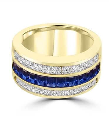 Sparkling Ring with three rows of Brilliance. Sapphire Essence Baguettes center is accentuated by Channel set Princess cut Diamond Essence Masterpieces. 5.0 cts.t.w. in 14K Solid Gold.