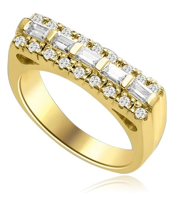 Now this one ring is going to set the pulse thumping! Wide Band is adorned with 5 X 0.25 Ct. Baguettes sexily surrounded by Round Accent Melee. 2 Cts. T.W. In 14k Solid Yellow Gold.