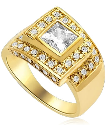 A Designer's Dream Ring that defies all ordinary! 1.5 Ct. Princess Cut is set in mesemerizing maze of channel set round accents. Approx. 3 Cts. T.W. In 14k Solid Yellow Gold.