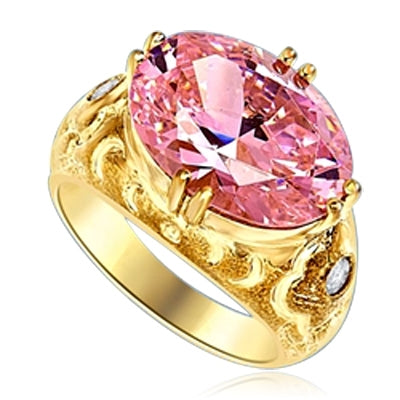 East West Ring - 8.5 Cts. Oval Cut Pink Essence set in heavy, eight prongs setting, with bezel set melee on each side. 8.65 Cts. T.W. set in 14K Solid Yellow Gold Ring.