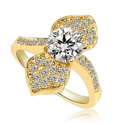Shining Leaves - Ring with 1.25 Cts. Round Brilliant Diamond Essence in center between two shining leaves, 1.60 Cts. T.W. set in 14K Solid Yellow Gold.