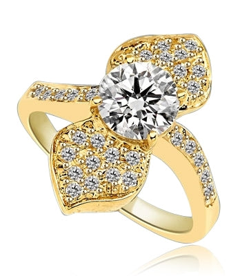 Shining Leaves - Ring with 1.25 Cts. Round Brilliant Diamond Essence in center between two shining leaves, 1.60 Cts. T.W. set in 14K Solid Yellow Gold.