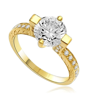 Two Carat Solitaire Ring in Horizontal Wide Prong and melee on the band., 2.50 Cts. T.W. In 14k Solid Yellow Gold.