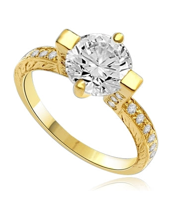 Two Carat Solitaire Ring in Horizontal Wide Prong and melee on the band., 2.50 Cts. T.W. In 14k Solid Yellow Gold.